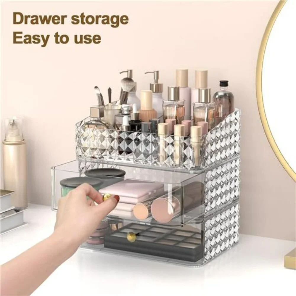 Clear stackable makeup organizer with drawers tray vanity storage case